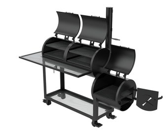 May include: Black metal smoker with two offset chambers and a side door. The smoker has a metal grate and a removable lid. It is on wheels and has a side table.