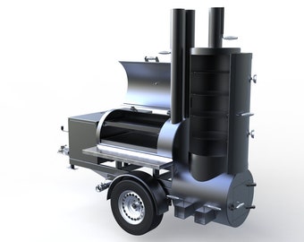 May include: A large, silver, offset smoker with a black, vertical smoker stack. The smoker is on a trailer with a single wheel and a hitch.