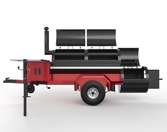 Puede incluir: Un remolque de ahumador rojo y negro con una gran cámara de cocción y un ahumador de carga lateral. El remolque tiene un solo eje y una sola rueda a cada lado. El ahumador tiene una chimenea de metal negro y una tapa de metal negro.