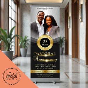 May include: A vertical banner for a pastoral anniversary. It features a photo of a smiling couple above a gold emblem marking 25 years. The banner has a black and gold colour scheme with event details and the text "Pastoral Anniversary".