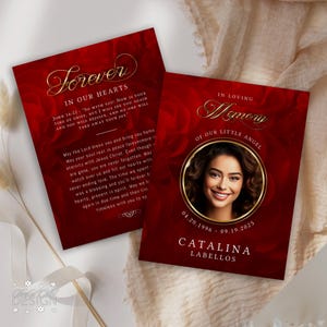 Romantic Red Roses In Loving Memory Forever in Our Hearts Obituary Prayer Card | Funeral Memorial Keepsake | Bible Verse | Instant Download
