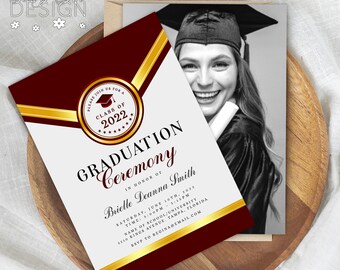 Elegant Red and Gold Graduation Photo Invitation: 5x7 Formal Stationery (Printable Download)