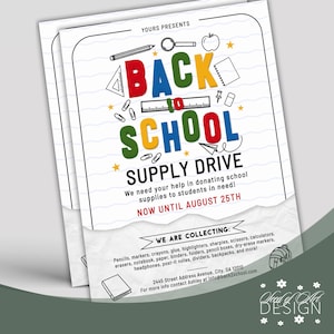 Back To School Supply Drive 3D Colorful Typography Torn Paper 8.5x11 Donation Flyer | School Charity Fundraiser | Printable Instant Download