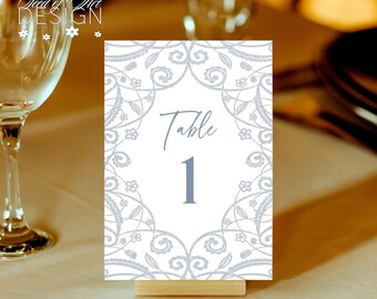 Dusty Blue Soft Silver Glitter Floral Lace Frame 3.5x5 Wedding Table Number Cards | Vintage | Royal | Table Decor | Instant Download #SBELLA