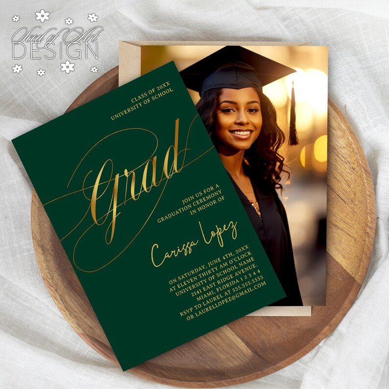 Graduation Invitation, Emerald Green & Gold Graduate Photo Card ...