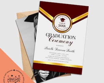 Elegant Red & Gold Graduation Photo Invitation: 5x7 Formal Stationery (Printable Download)