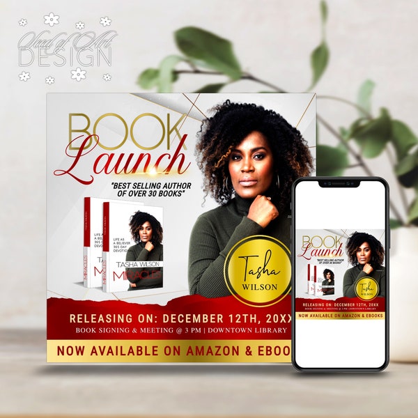 EDITABLE Red & Gold Lines Author Book Launch Release Marketing Template | Signing | Author | Business | Corjl Printable Instant Download