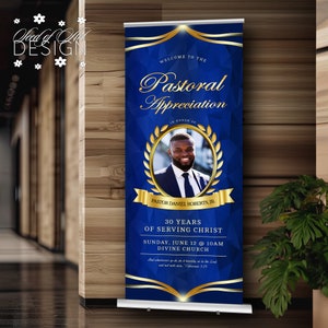 Blue & Gold Oval Leaf Photo Pastoral Appreciation Church 33&quot; x 84&quot; Vertical Retractable Banner Sign | Religious | Corjl Instant Download