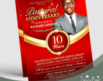 EDITABLE Pastoral Anniversary Red & Gold Church 8.5 x 11 Flyer | Service | Pastor Celebration Event | Religious | Corjl Printable Template