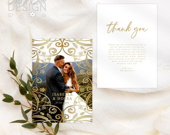 Romantic Soft Gold Glitter Floral Lace Frame 5x7 Wedding Photo Thank You Card | Vintage | Royal | Elegant Event | Instant Download #GBELLA