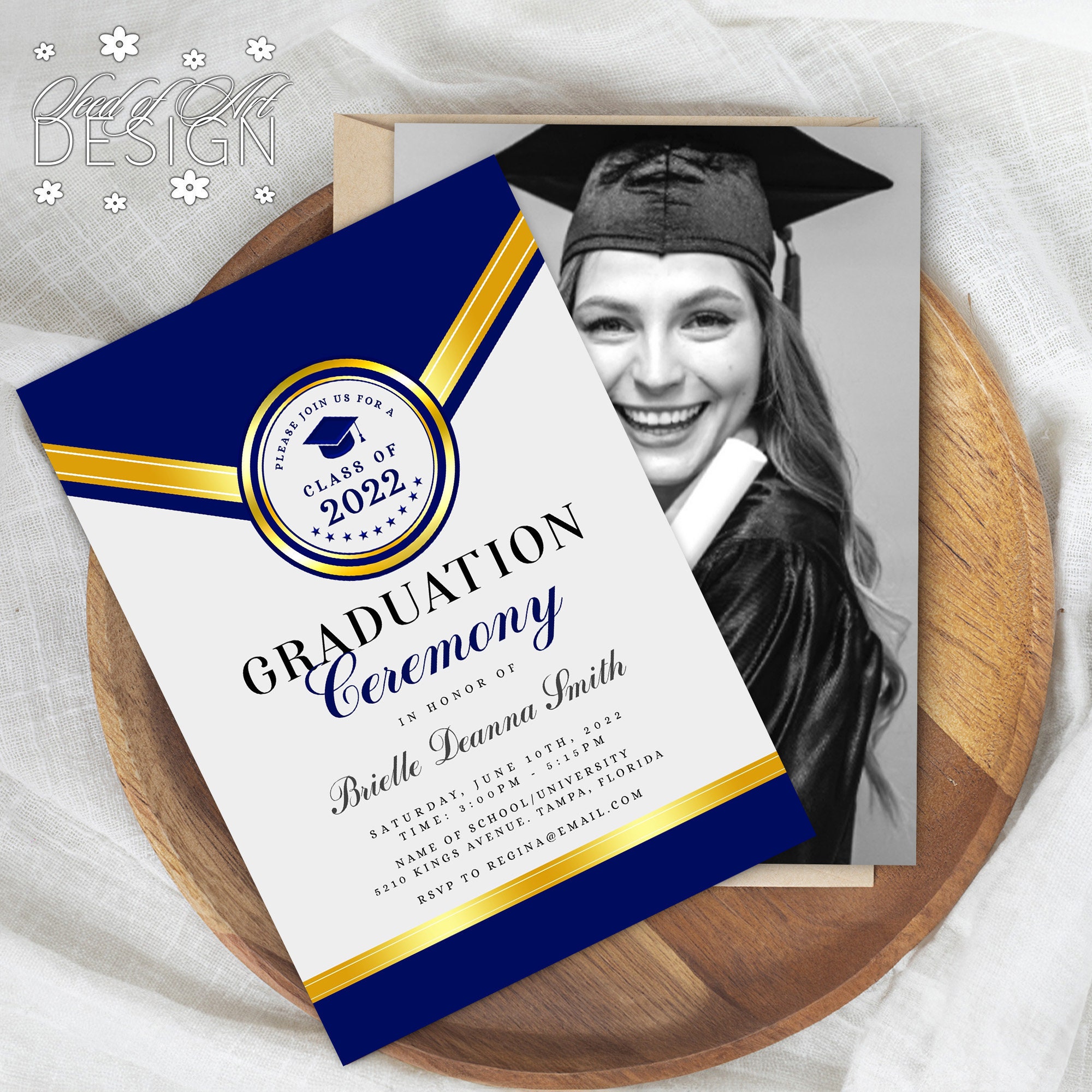Elegant Blue & Gold Graduation Photo Invitation: Formal Ceremony (Printable Download 5x7" )