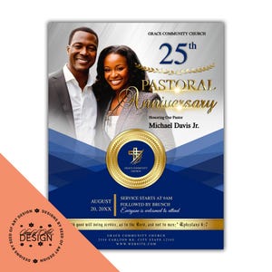May include: A flyer for the 25th Pastoral Anniversary of Grace Community Church. The design features a photo of a smiling man and woman, gold accents, and blue geometric shapes. Text includes "Pastor Michael Davis Jr."