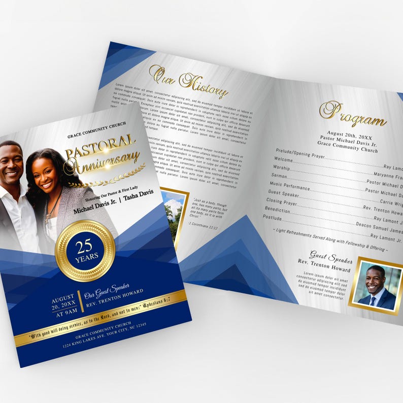 Elegant Blue & Gold Church Program: Pastoral Anniversary Celebration (8 ...