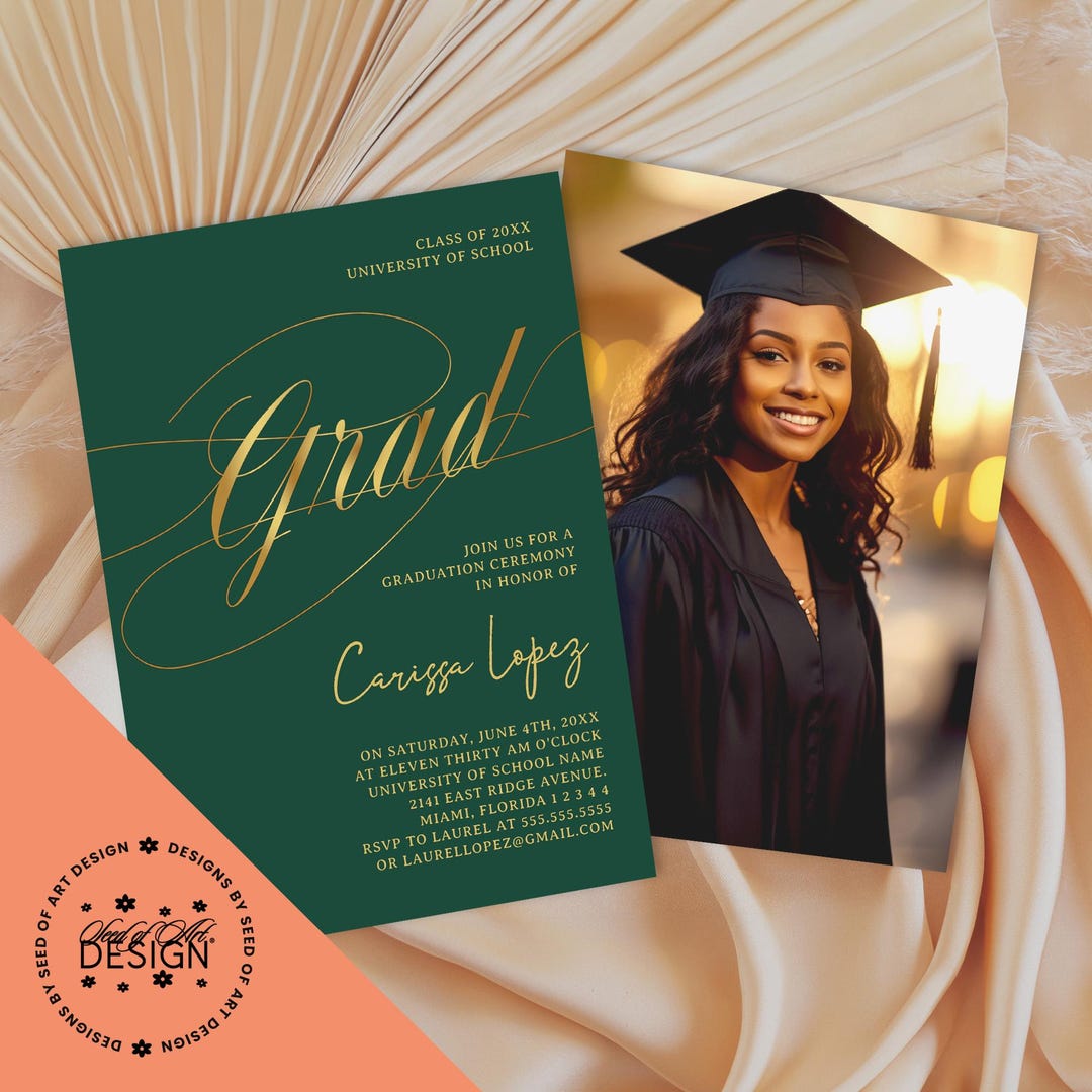 Graduation Invitation, Emerald Green & Gold Graduate Photo Card ...
