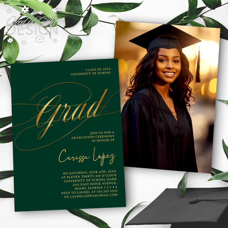 Graduation Invitation, Emerald Green & Gold Graduate Photo Card ...