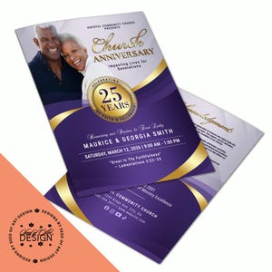 以下が含まれることがあります： 「Church Anniversary」と「Celebrating 25 Years」の文字が入った、紫と金の教会記念フライヤー。笑顔のカップルの写真とイベントの詳細が含まれています。