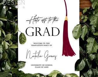 Maroon & Gold Graduation Welcome Sign: Hats Off To The Grad (18x24 Printable Download)