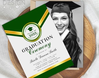 Green & Gold Graduation Photo Invitation: Elegant Ceremony Announcement (Printable Instant Download 5x7&quot; Card)