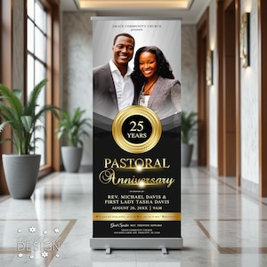 33x84&quot; Pastoral Anniversary Black Gold Vertical Retractable Banner Sign | Pastoral Celebration | Religious | Printable Instant Download