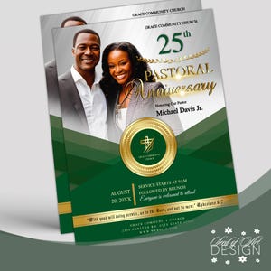 Pastoral Anniversary Flyer: Green & Gold Church Event Template (CORJL Printable Digital Download)