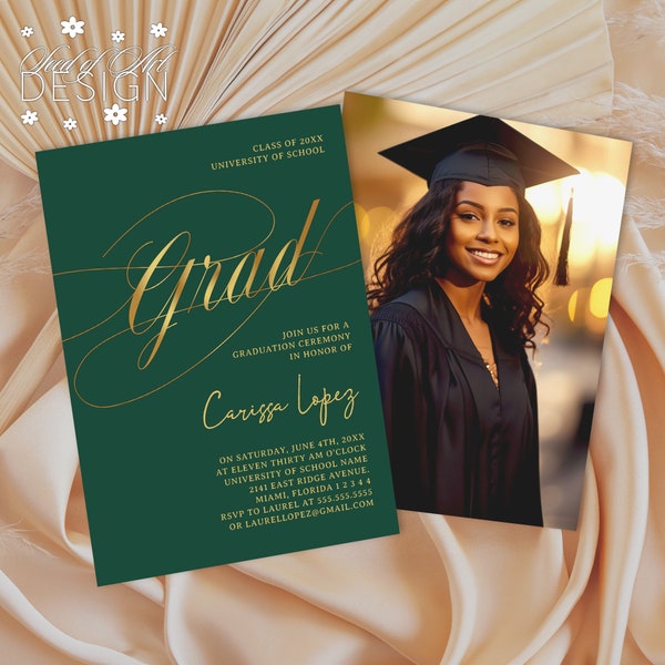 EDITABLE Minimal Emerald Green & Gold Grad Calligraphy Photo 5x7 Stationery Invitation | Ceremony | Party Event | Instant Download #GGRAD