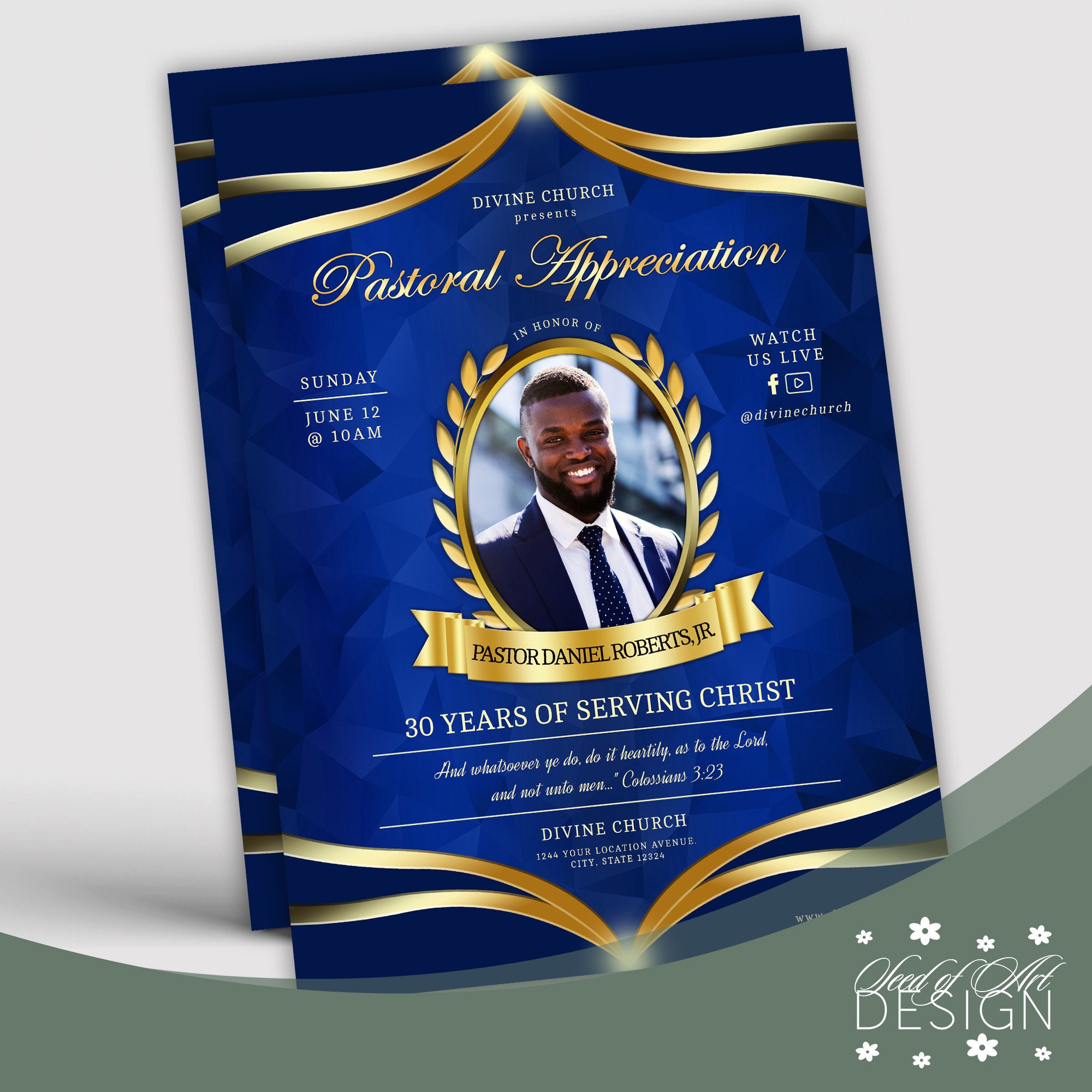 Pastoral Appreciation Flyer: Blue \u0026 Gold Church Service Template (8.5x11  CORJL Printable Digital Download) - Etsy, image size:2000x2000