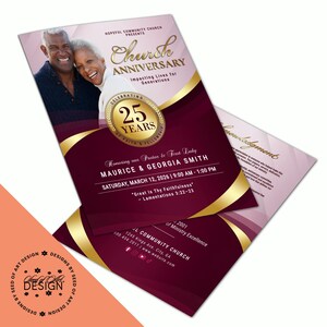 May include: A maroon and gold Church Anniversary flyer with the text "Church Anniversary" and "Celebrating 25 Years". The flyer features a photo of a smiling couple and event details, including the date, time, and location.