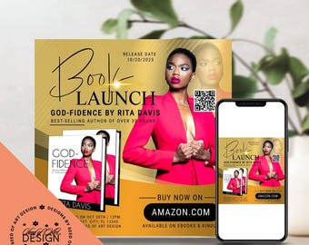 May include: A promotional graphic for a book launch, featuring a woman in a red blazer. The text reads "Book Launch" and "God-Fidence by Rita Davis." A smartphone displays the same graphic. The release date is October 20, 2023. Buy now on Amazon.com.