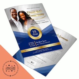 Pode incluir: Um folheto para o Aniversário Pastoral da Igreja da Comunidade Grace, com uma foto de um casal sorrindo. O design inclui formas geométricas azuis, detalhes dourados e o texto "25 Anos". O texto adicional inclui a data, hora e orador convidado.
