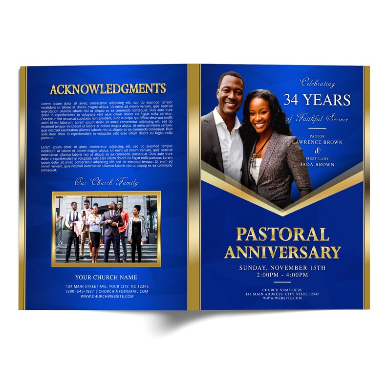 Pastoral Anniversary: Elegant Blue Gold Frame Church Program (8 5x11 Pastoral Anniversary: Elegant Blue Gold Frame Church Program (8 5x11