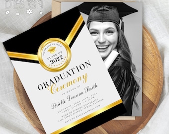 Elegant Black & Gold Graduation Photo Invitation: Formal 5x7 (Printable Instant Download)