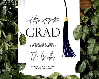 Hats Off To The Grad Blue & Gold Tassel White Graduation 18x24 Welcome Sign | Yard Sign | Graduation Decor | Banner | Instant Download #HTG