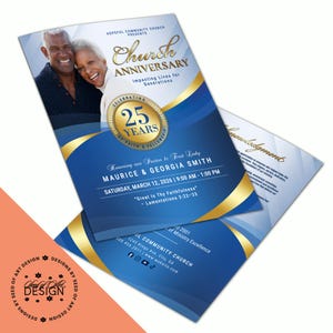 May include: A blue and gold church anniversary flyer with the text "Church Anniversary" and "25 Years". The flyer features a photo of a smiling couple and includes event details: date, time, and location.
