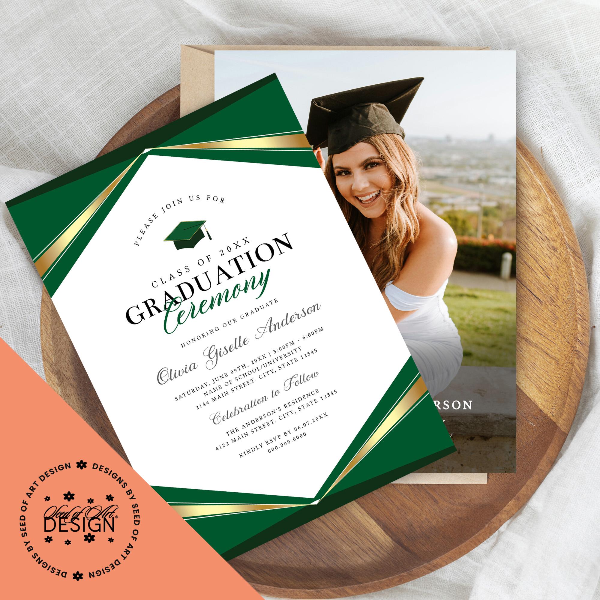 Graduation Invitation, Elegant Green & Gold Graduate Photo Template ...