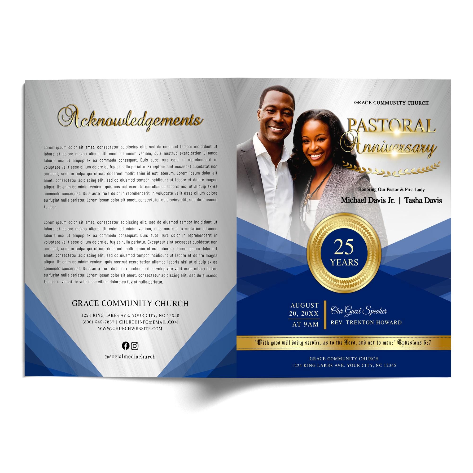 Elegant Blue & Gold Church Program: Pastoral Anniversary Celebration (8 ...