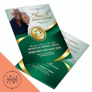 May include: A green and gold church anniversary flyer with the text "Church Anniversary" and "Celebrating 25 Years". The flyer features a photo of a smiling couple and details for an event honoring Maurice & Georgia Smith.