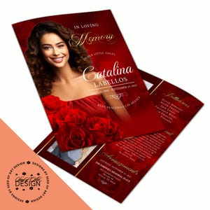 Red Rose Funeral Program: Gold Obituary Bifold, In Loving Memory (8.5x11, 11x17 CORJL Instant Download)