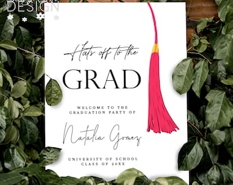 Hats Off To The Grad Pink & Gold Tassel White Graduation 18x24 Welcome Sign | Yard Sign | Graduation Decor | Banner | Instant Download #HTG