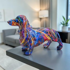 Statue de teckel en résine arc-en-ciel, sculpture de chien moderne, figurine animal colorée, décoration d'intérieur Royaume-Uni