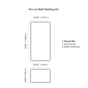 May include: A diagram of a pre-cut wall molding kit. The kit includes a panel with dimensions of 59.05 inches (150cm) high and 29.52 inches (75cm) wide, and a smaller panel measuring 19.68 inches (50cm) high and 29.52 inches (75cm) wide. The text indicates the kit includes top and bottom pieces.