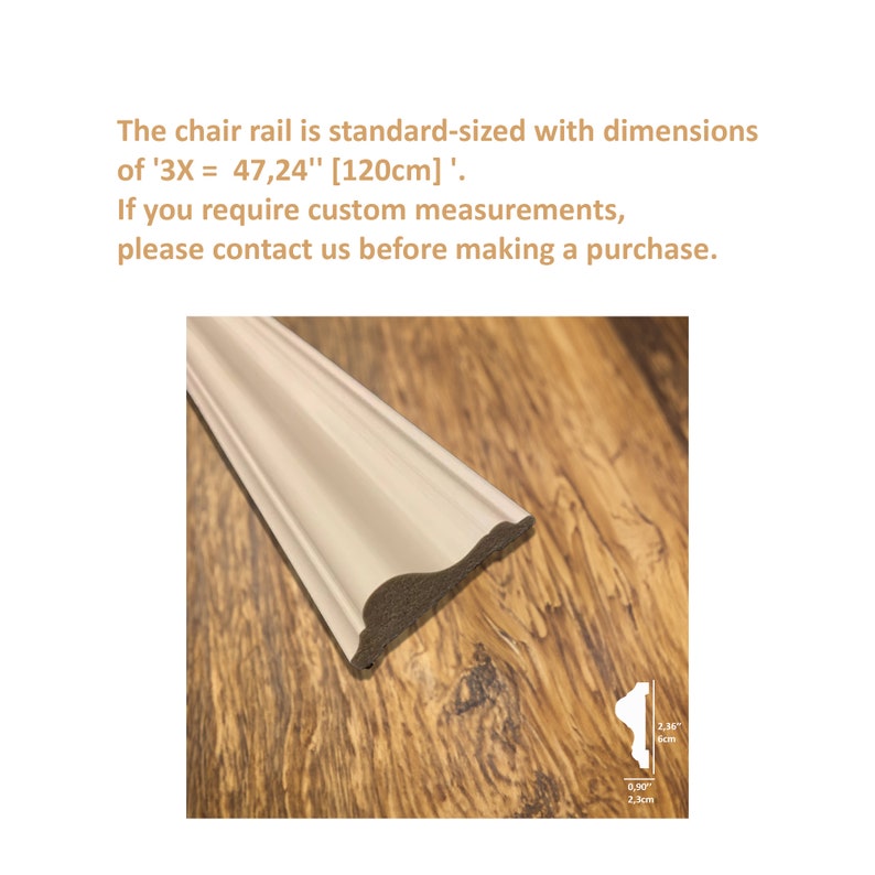 May include: White chair rail molding with a slightly rounded edge. The molding is 3 inches wide and 47.24 inches long, or 120 centimeters.