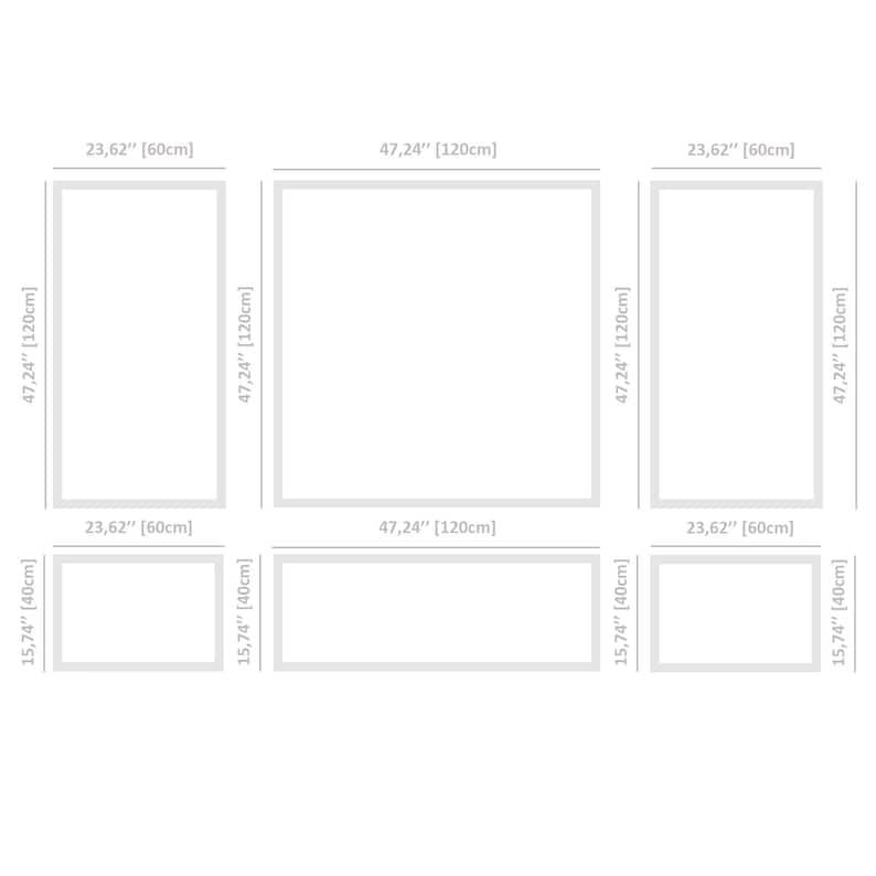 May include: A diagram showing the different sizes of a rectangular frame. The frame is 47.24 inches by 120 centimeters, 23.62 inches by 60 centimeters, and 15.74 inches by 40 centimeters.