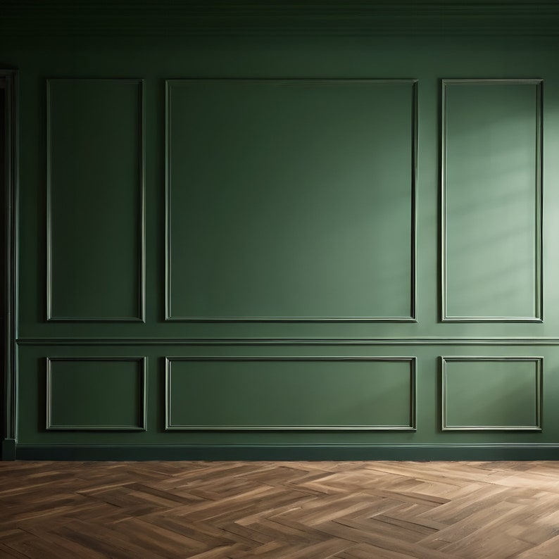 May include: A green wall with wainscoting and a wood floor. The wall is divided into panels with a raised border. The floor is made of wood planks arranged in a herringbone pattern.