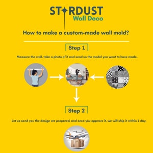May include: Yellow graphic with the text "STARDUST Wall Deco" and instructions on how to make a custom-made wall mold. The steps include measuring the wall, sending a photo, and design approval.