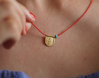 Gold Plated Sterling Silver Anatolian Necklace: Turquoise Red String Pendant