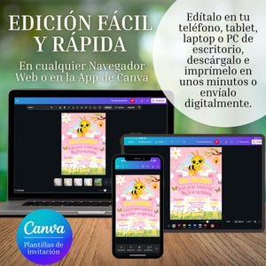 May include: A laptop, tablet, and smartphone display a pink and yellow birthday invitation template with a bee graphic. The Canva logo is visible. Text in Spanish reads "Easy and Fast Editing."