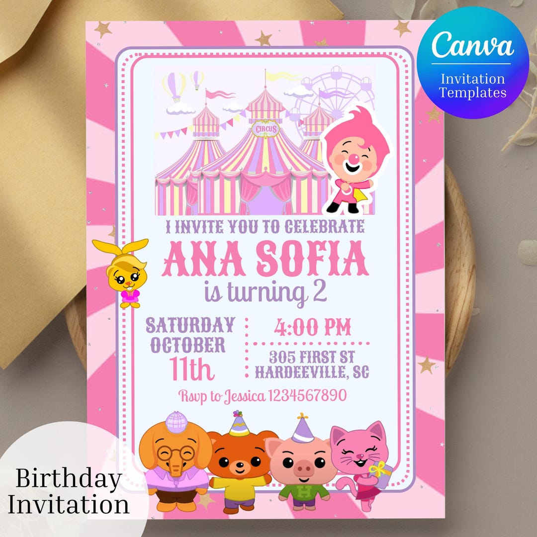 Plim Plim Pink Girl Invitation Editable Canva Template Instant