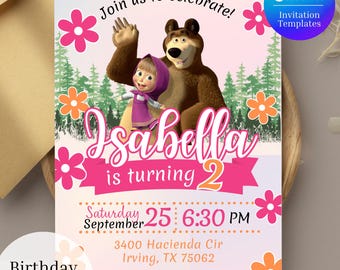 Masha and The Bear Invitation – Editable Canva Template – Instant Download