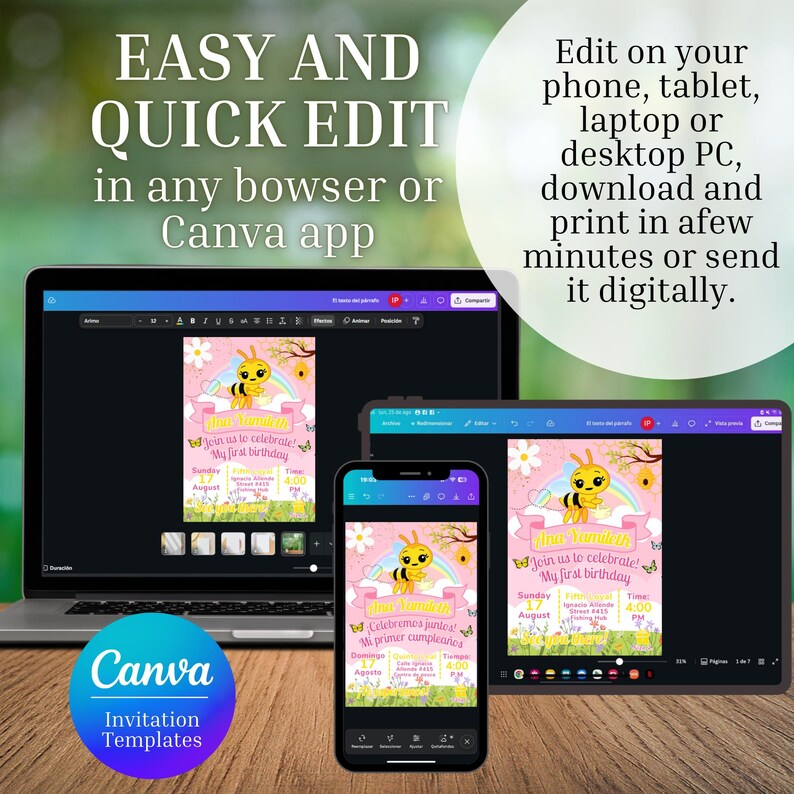 May include: A digital invitation template displayed on a laptop, tablet, and smartphone. The invitation features a bee graphic, text that reads "Join us to celebrate! My first birthday," and the Canva logo. The text "Easy and Quick Edit" is also visible.