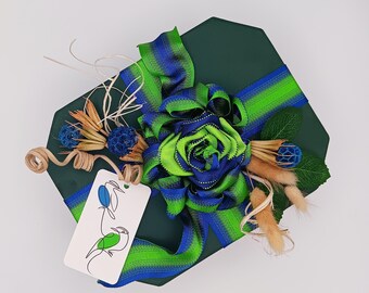 Prewrapped Green and Tan Gift Box 9x7x3.5